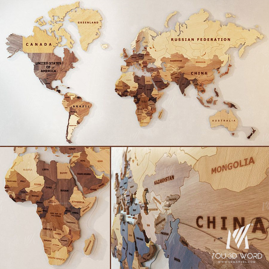 A world map made of wood.